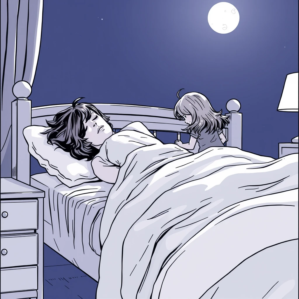 Side view of the bed where a woman with a big butt is sleeping, while her daughter, standing nearby, is opening a drawer. It's a dark night with moonlight creating an atmosphere; this is comic line art, close-up of the side view of the girl. - Image