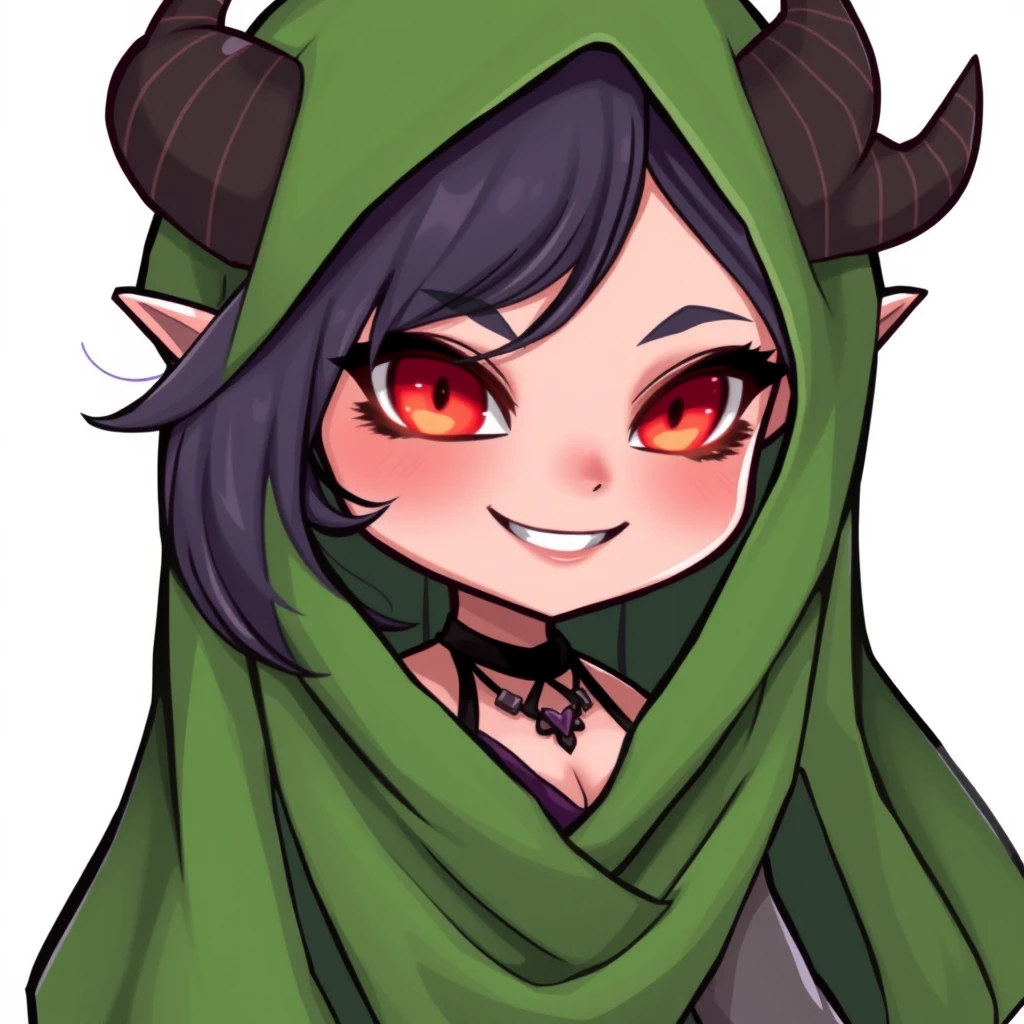 An alluring oriental female demon, draped in green veils, with a strange smile, in 2D, chibi style, full-body image.