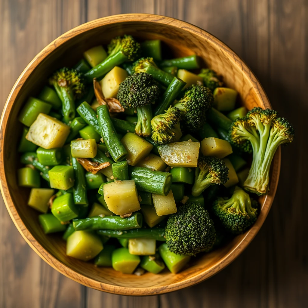 Professional food photography, chopped green beans and broccoli sautéed and served in a wooden bowl, flat lay photograph, soft natural lighting, minimalist, aerial view.