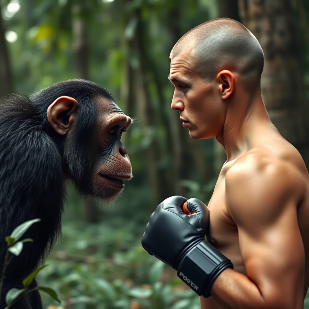 A boxer with shaved hair, 21 years old, Caucasian appearance, 5'9" tall and weighing 120 pounds facing a chimpanzee in the forest. - Image