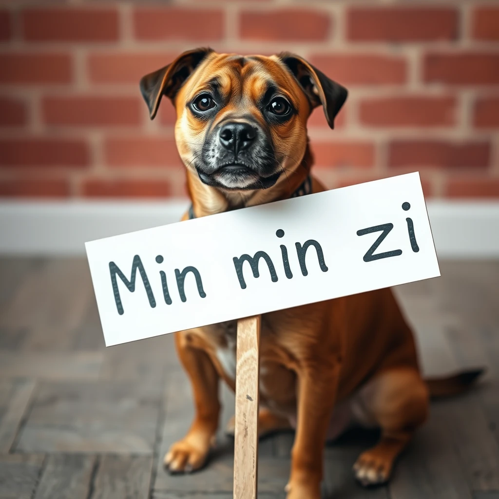 

a dog holding a sign that says min min zi