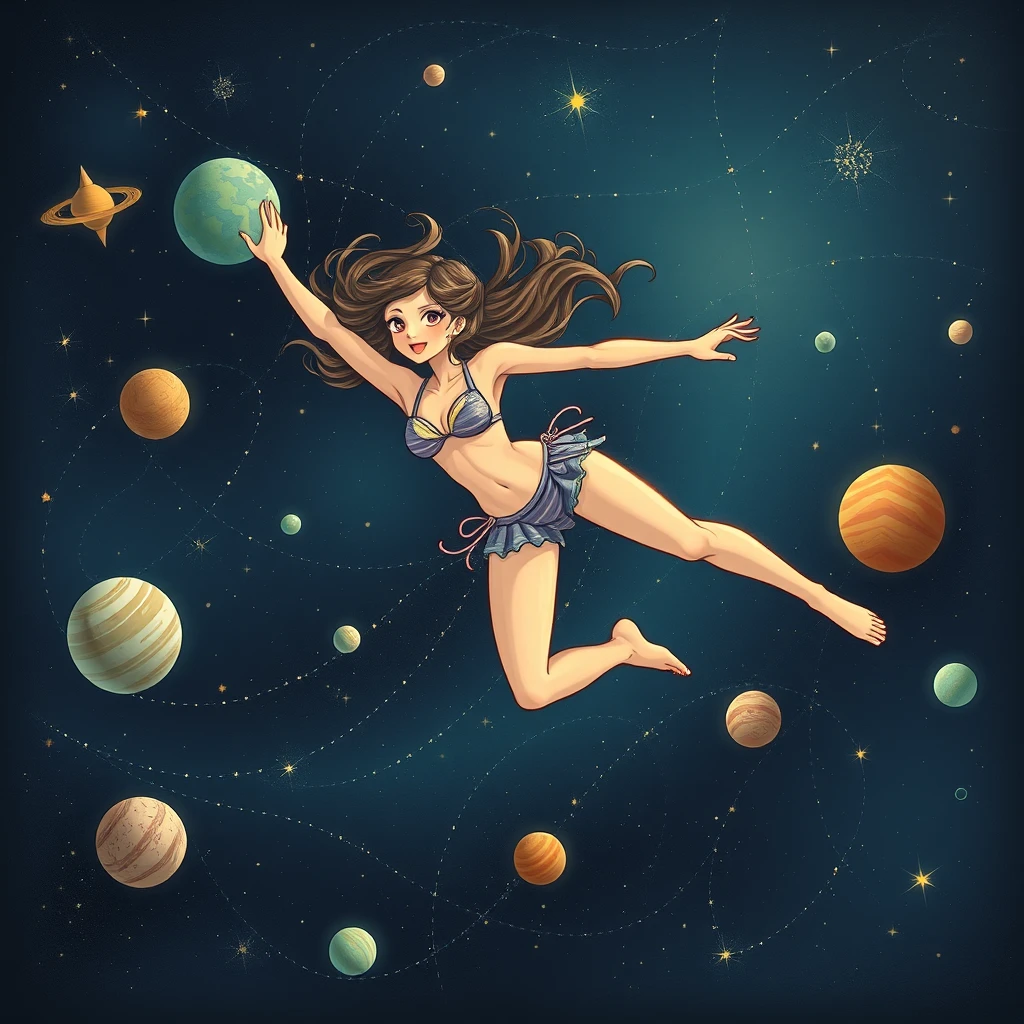 Girl in a bikini swimming in space, among stars and planets. - Image