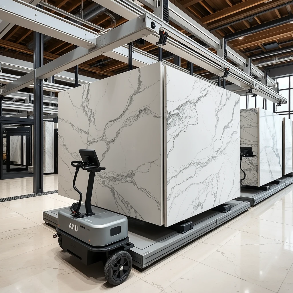 Smart, stylish automated display system that can hold large 4-meter-sized polished marble panels, allowing the marble panels to be transported to the display area using a combination of overhead rails and AGVs. Upon arrival, they automatically arrange themselves into an L-shaped bookmatch format for the best viewing experience.