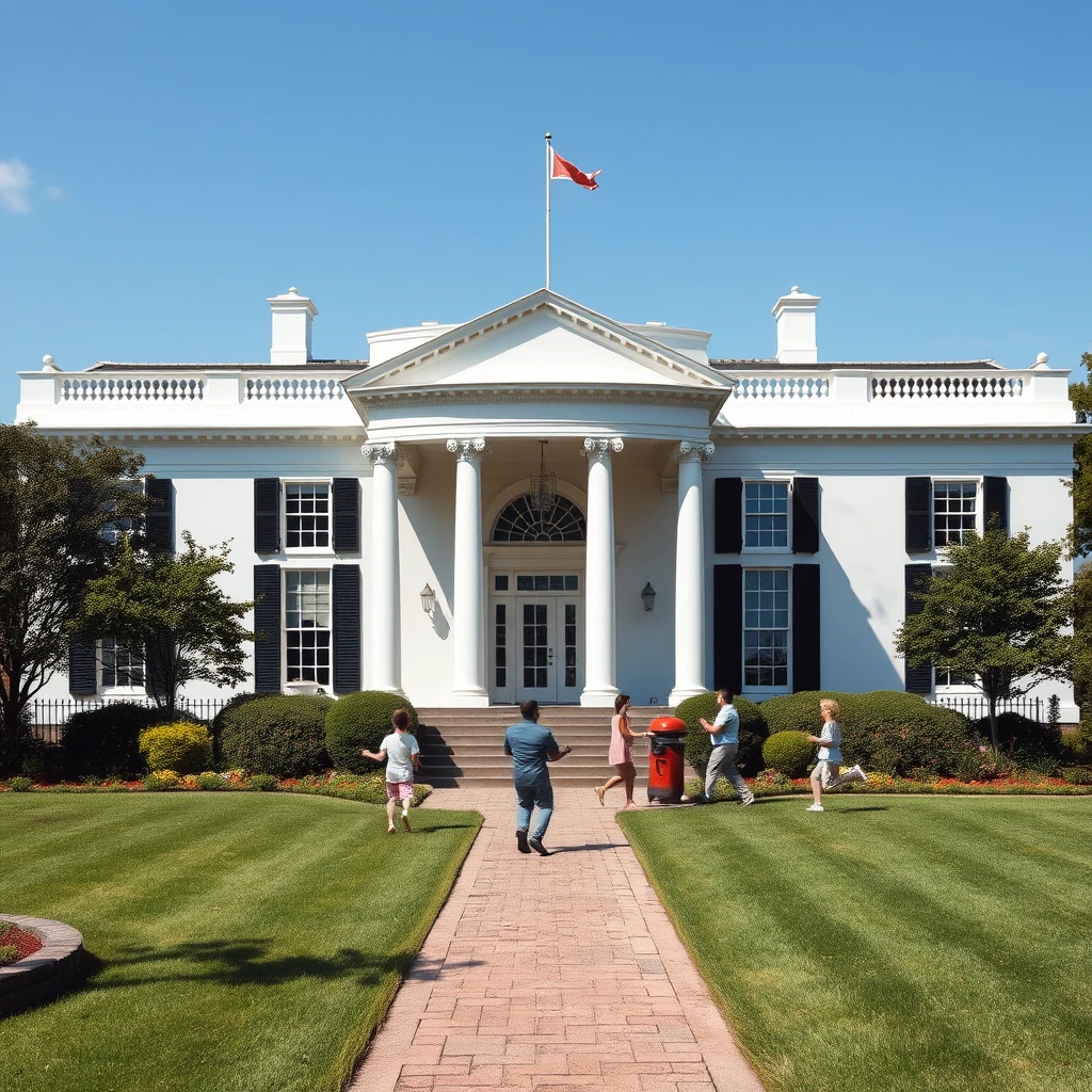 A home in the style of the White House; a family plays catch in front, barbecue in back.