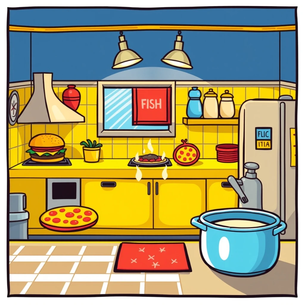 A cartoon-style game poster featuring a warm yellow kitchen with delicious burgers, pizzas, and fish soup on the stove. The scene has a playful and colorful design, inspired by Roy Lichtenstein's art style, using large color blocks and vivid colors. The poster includes a contrasting royale pattern style, deep focus, and high resolution, capturing a fun and exciting atmosphere with a distinct pop art flair. - Image