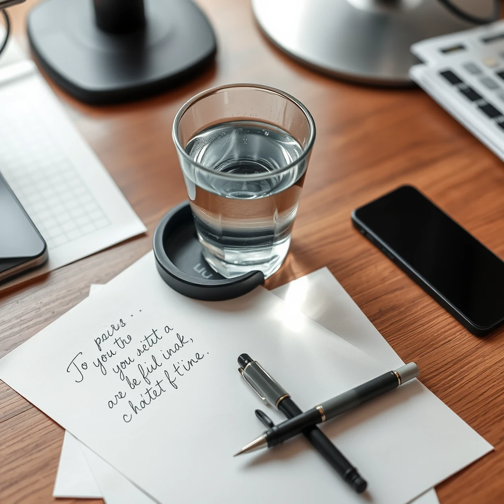 A glass water cup is placed on the left side of the desk, with a cup lid next to it. There is also a mobile phone on the desk, and some A4 papers with writing on them are scattered messily, along with an open ink pen.