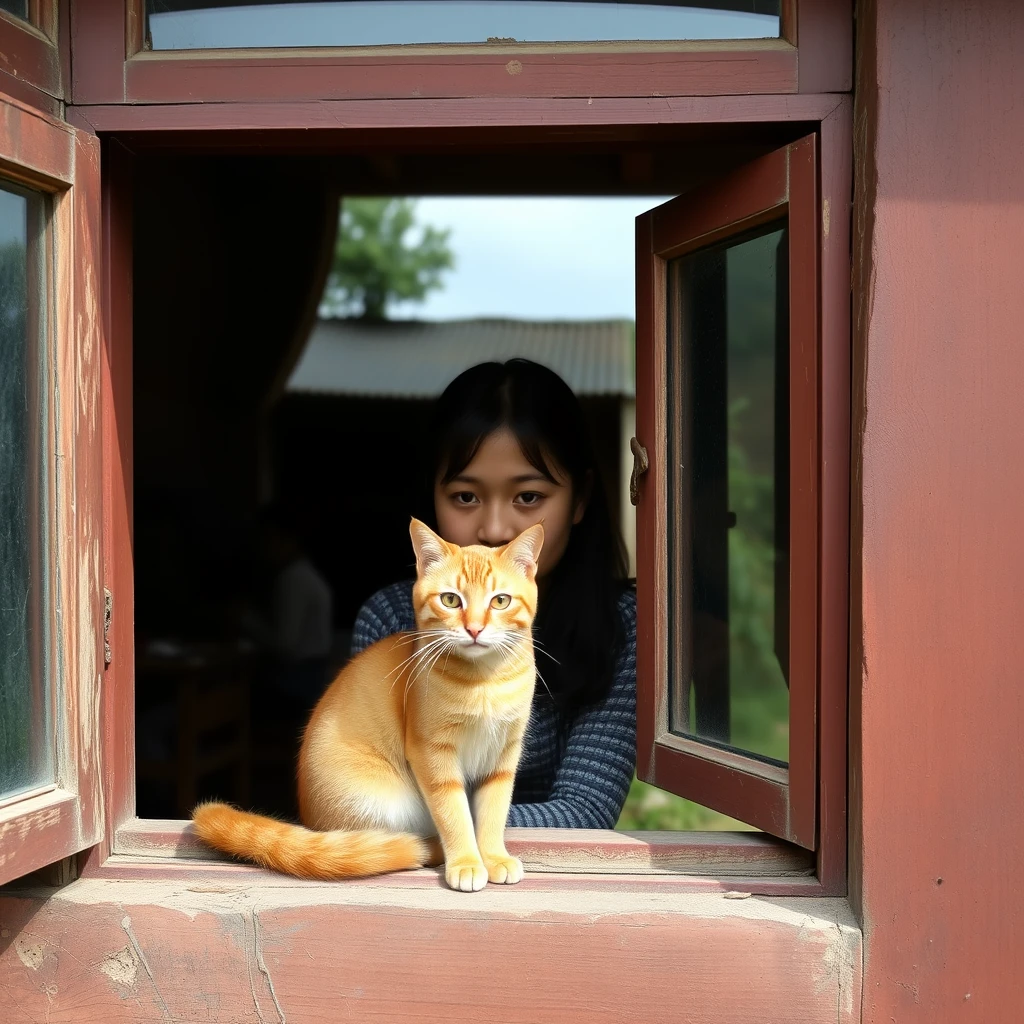 In a rural area, an Asian girl sitting behind a window with a ginger cat on the window sill looking at the camera.