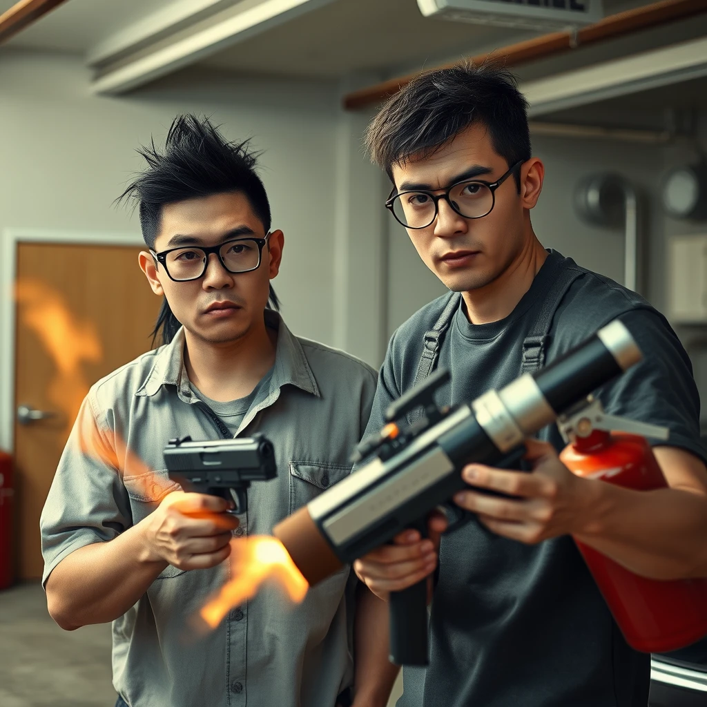 21-year-old white thin long-faced northern Chinese man with a square chin, wearing square glasses, long black hair in a mullet, holding a pistol; 21-year-old white Italian man wearing round glasses and short hair holding a very large fire extinguisher flamethrower; garage setting; both angry.