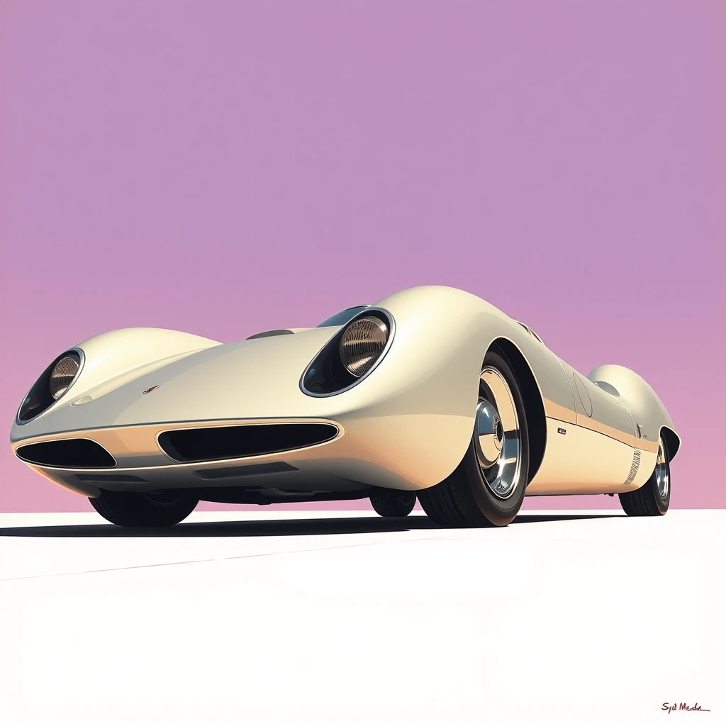 Low corner view, a retro-futuristic sports car concept, a painting by Syd Mead, sleek.