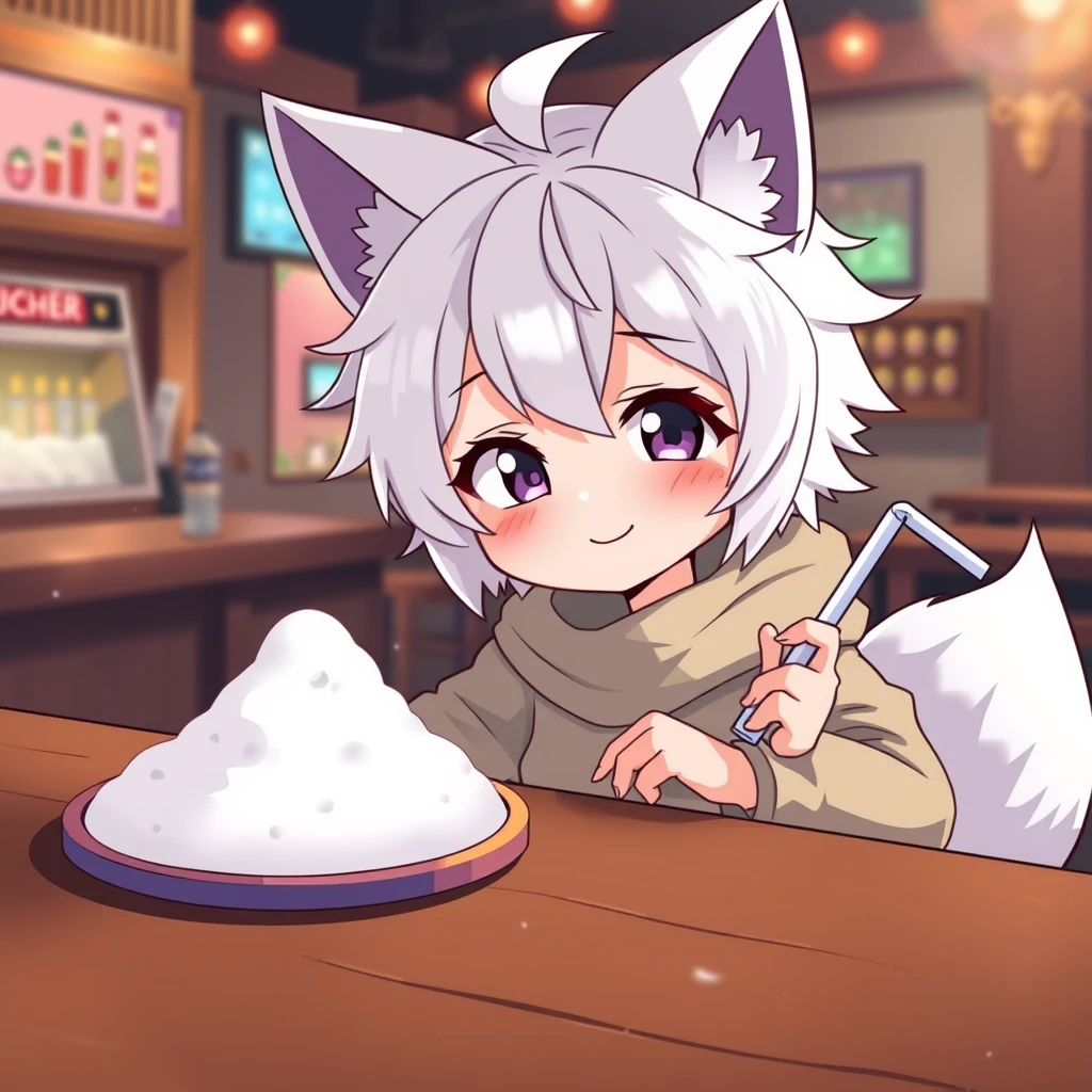 A cute anime girl with fluffy fennec ears and a fluffy tail, messy short white hair, and purple eyes is sitting at a table in a bar. On the table is a tiny mountain of snow. The girl looks at the snow with a big crazy smile and has a straw without a kink in her right hand.