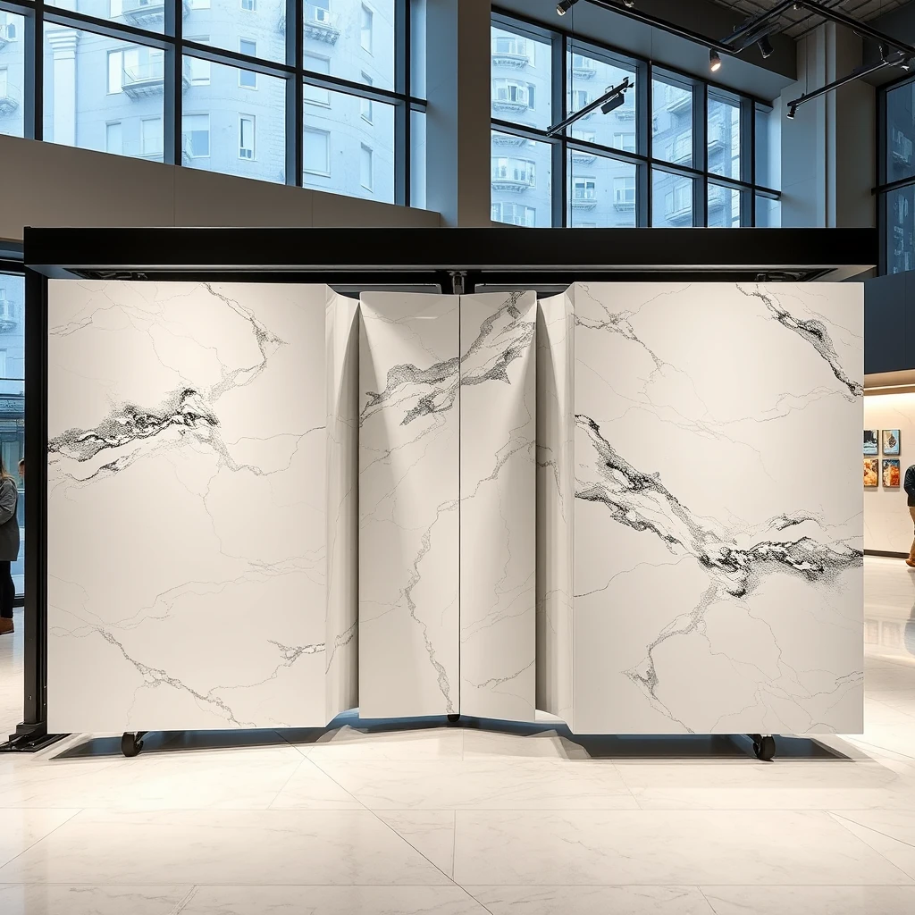 Smart, stylish automated display system that can hold large 4-meter sized, polished marble panels such that the marble panels can be carried on AGVs, plus oriented vertically or horizontally, in automatically unfolding into L-shaped bookmatch format, for best viewing experience.