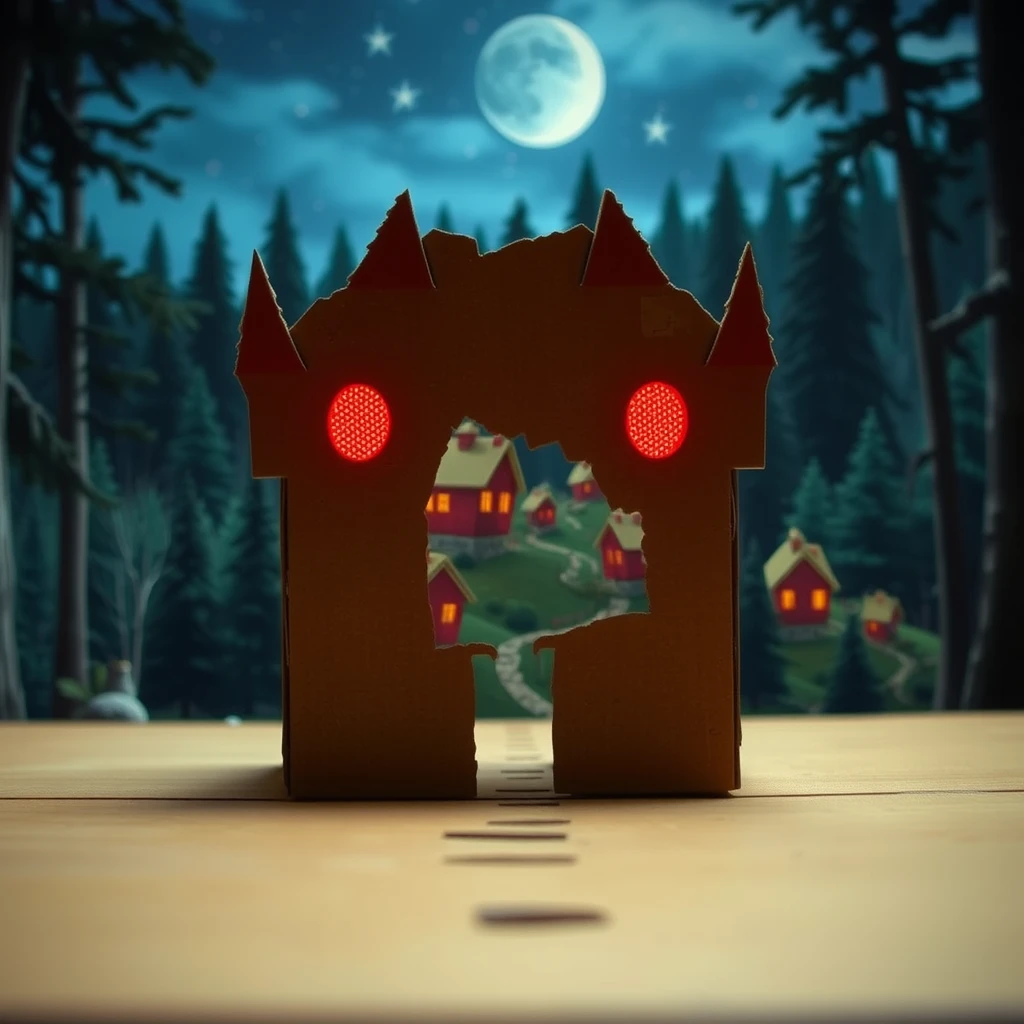 Cardboard evil red houses village in the distance in the natural forest at night. - Image