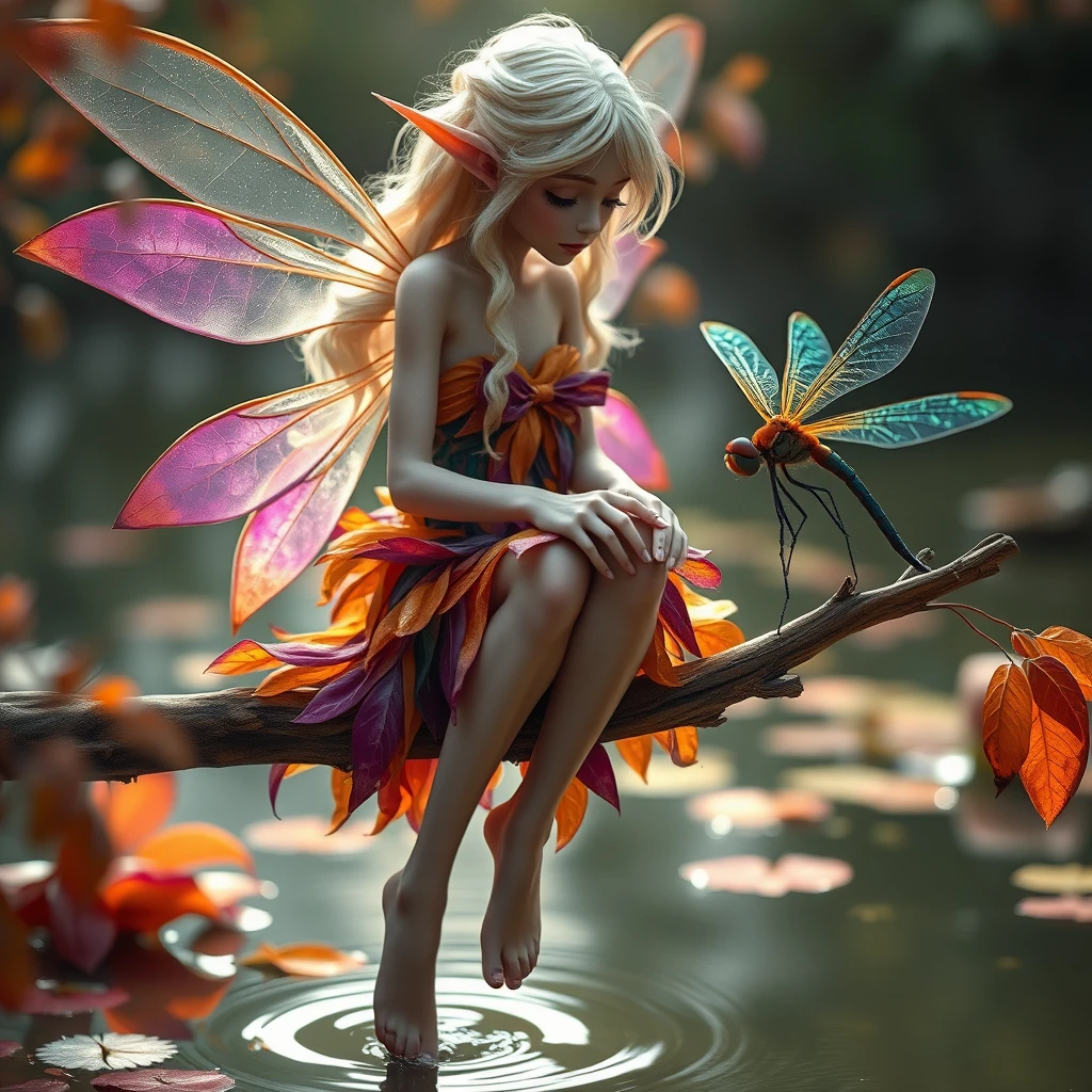 Highly detailed, cinematic macro photo in the style of Brian Froud of a 20-year-old slender, lanky anime woman dressed like a fairy. She has long elven ears. Her hair is cream-colored, voluminous and wavy, with a dress fashioned from purple, orange, and red flower petals. Her feet are dipped in the water. Her wings are shaped like translucent autumn leaves. She's sitting on a branch above a pond, playfully kicking her feet in the water below. She is looking with amusement at a giant colorful dragonfly perched on the end of the branch, facing toward her. She has shimmering violet skin.