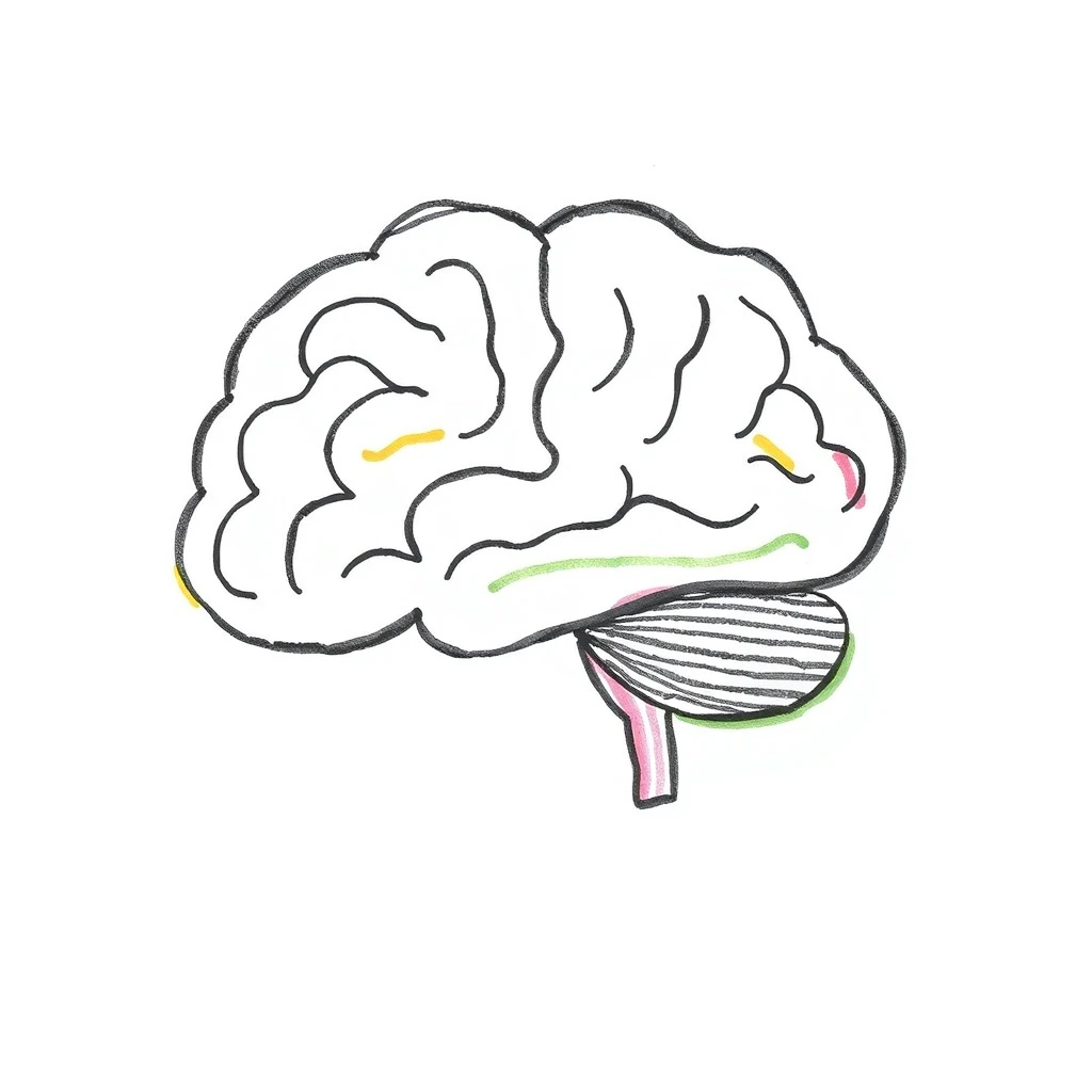 A simple child-like drawing of a brain that stretches like plasticine set against a white background. The illustration features thick, crayon-like lines and minimal colors to mimic a drawing created by a child. The style is playful and simplistic, capturing the essence of a child's drawing with a focus on simplicity and a limited pastel color palette.