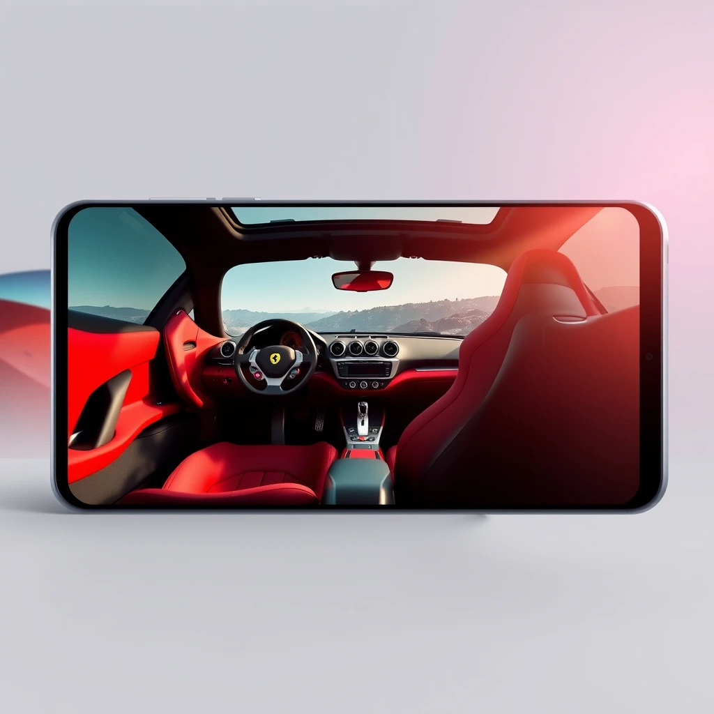 Create a realistic photo for a phone wallpaper with correct lighting of a Ferrari interior on the cover of GT8 for PS5.