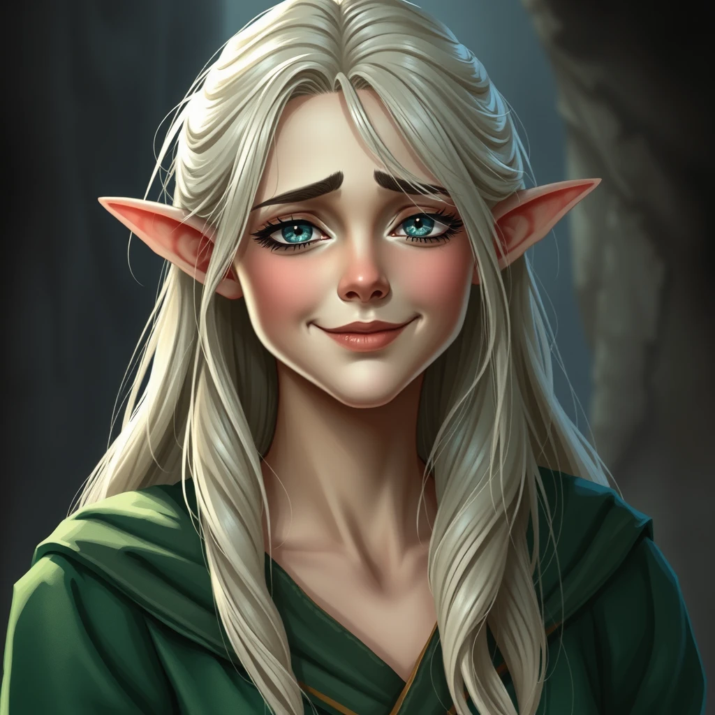 --no cartoon, painting, drawing, animated. only premium portrait Photography. ultra realistic. a female elf. platinum blonde hair. happy but tired expression on her face. wearing long green robes. tall and regal. - Image