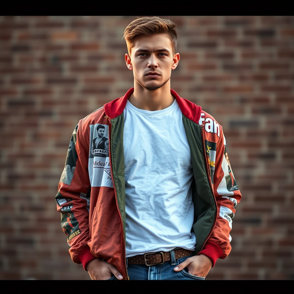 Freddie Prinze head and body shot, handsome, young, serious face, white t-shirt, collage jacket, jeans, sneakers, hyper-realistic, street photography, brick wall, full body photography, sunrise. - Image