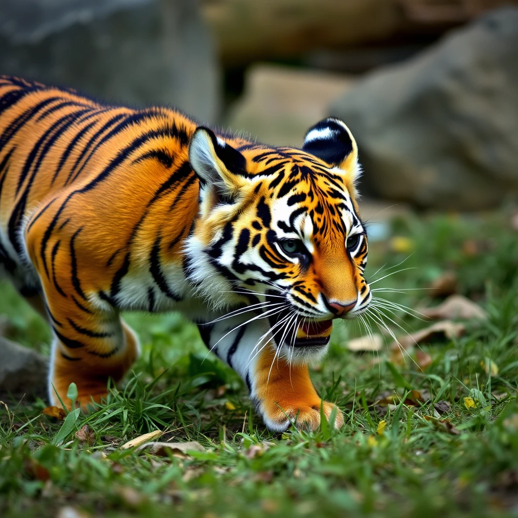 A small tiger is hunting.