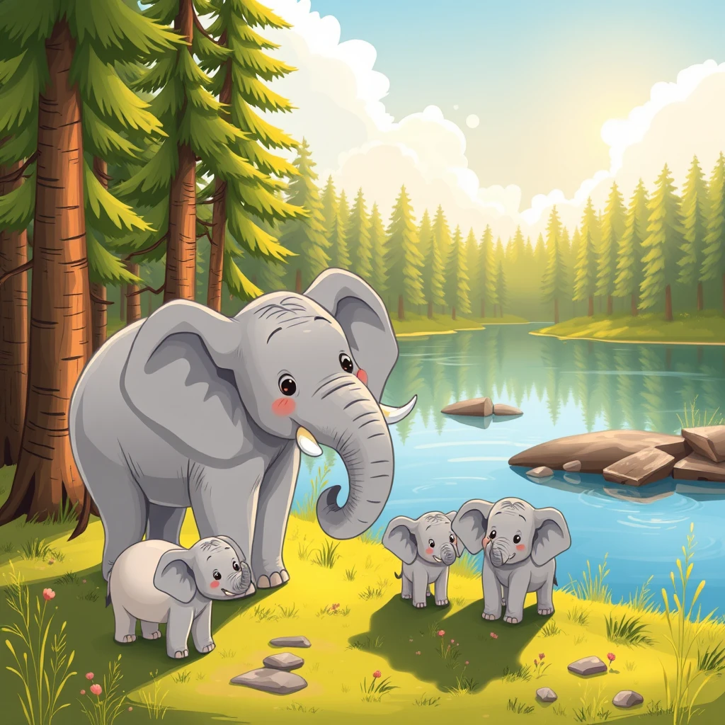 A whimsical cartoon of a happy elephant with her family grazing near a Finnish lake in a lush forest in the sun.