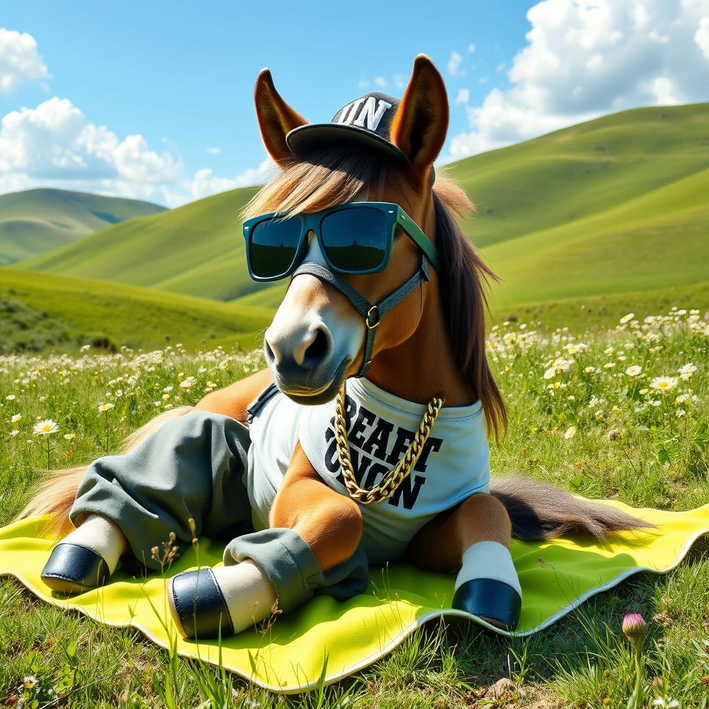 A playful little pony dressed as a hip-hop rapper, wearing oversized sunglasses, a gold chain, a graphic tee, baggy pants, and a cap. The pony is lying on a bright green beach towel in a serene meadow. The background includes rolling green hills, wildflowers, and a clear blue sky with fluffy clouds. 8K resolution.