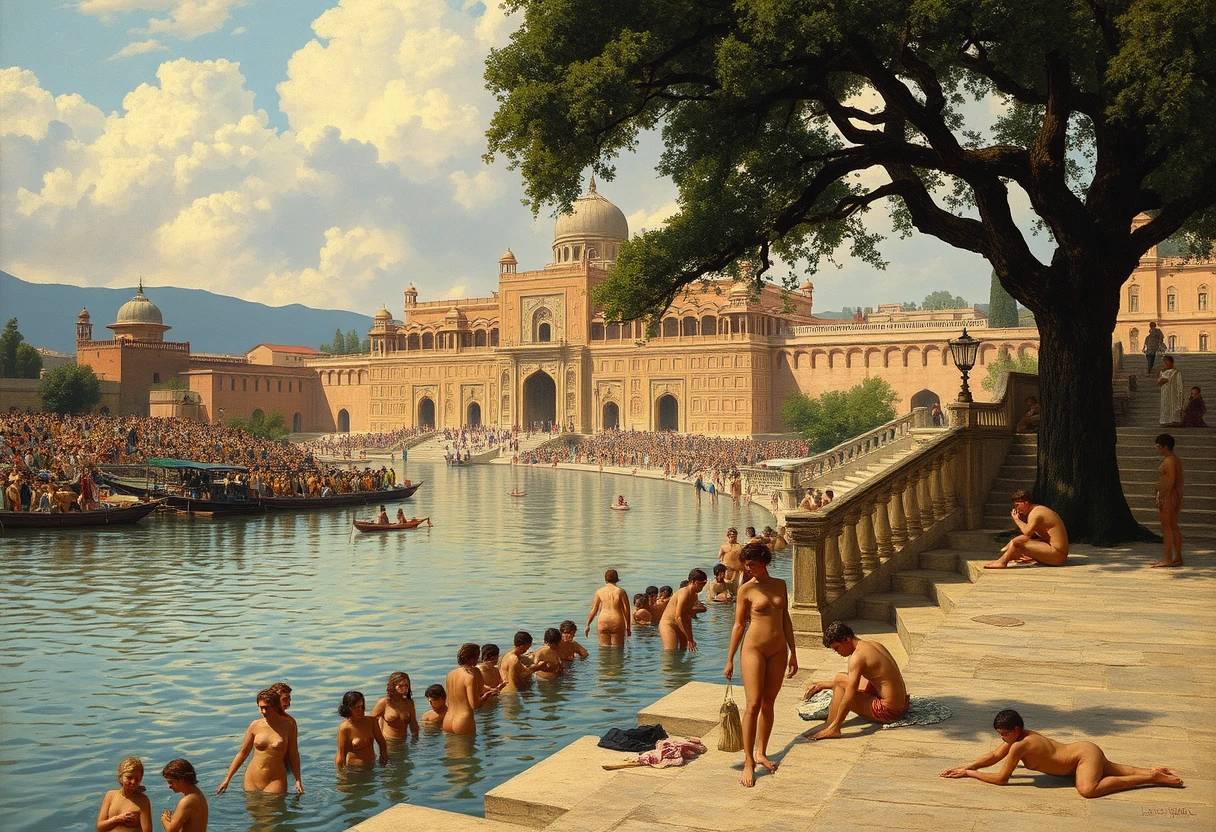 Nude Bathing women 1890s, crowd, large river, buildings, tree, stone steps, Persian temple, sky, rule of thirds, Art by Edwin lord weeks - Image