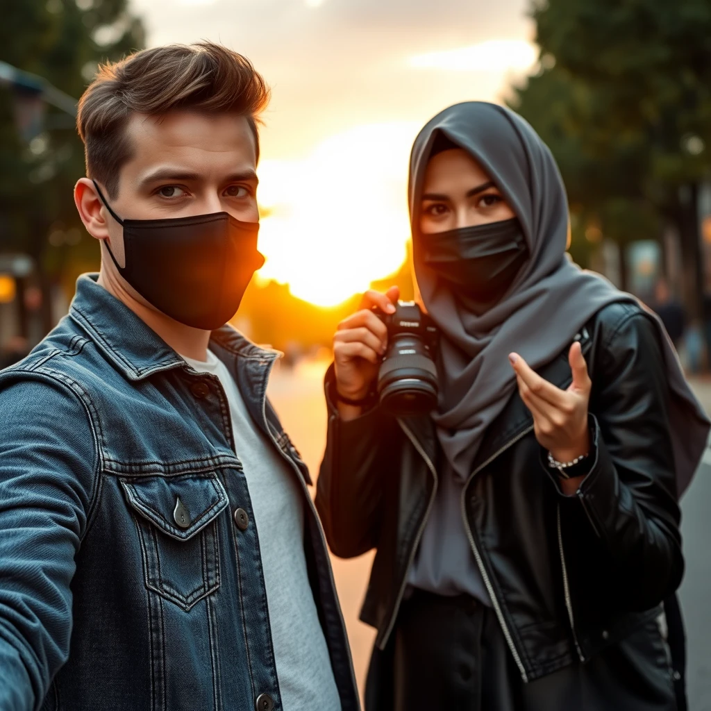 Jamie Dornan's head and body shot, handsome, black face mask, denim jacket, jeans, dating, love couple, with the biggest grey hijab Muslim girl, black face mask, beautiful eyes, black leather jacket, biggest skirt, taking a picture, DSLR Canon camera, hyper-realistic sunrise, street photography, selfie.