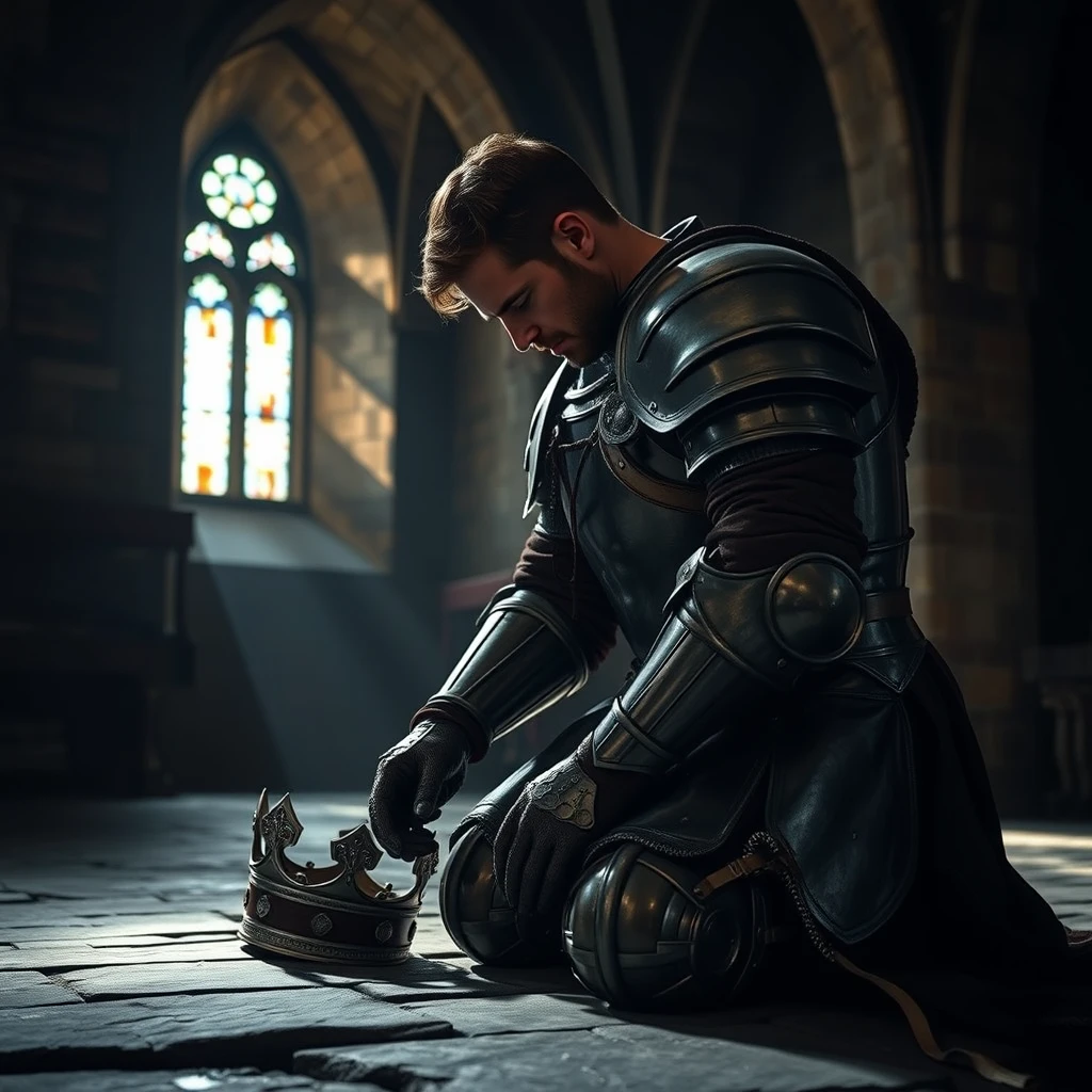 [Scene] This professional photograph, rich in texture and detail, captures a moment of quiet devotion in a dimly lit medieval chapel. The cool stone walls and arched ceilings create a sense of solemn grandeur, the only light emanating from a stained-glass window, casting colorful shards of light across the scene.  
[Character] A handsome, powerfully built king, clad in full plate armor, kneels humbly on the cold stone floor, his head bowed low in prayer. The weight of his armor and the crown resting beside him speak to his earthly power, yet his posture conveys a deep humility and reverence. The intricate details of his armor, the worn leather of his gauntlets, and the subtle glint of metal catch the light, creating a stunning interplay of light and shadow that emphasizes the solemnity of the moment. - Image