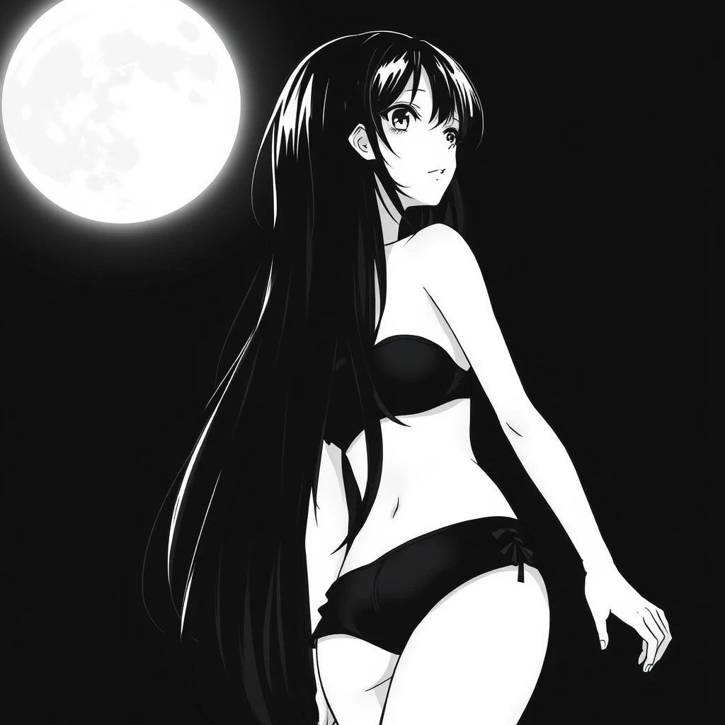 Girl with long, black hair in a black bikini. In the background, a black sky with a big, bright moon. Manga, grayscale.