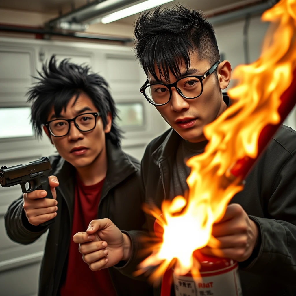 21-year-old northern Chinese man with long black mullet, square glasses, holding a pistol; 21-year-old white Italian man with round prescription glasses and short hair holding a very large fire extinguisher flamethrower; garage setting; both angry; murderous intent.