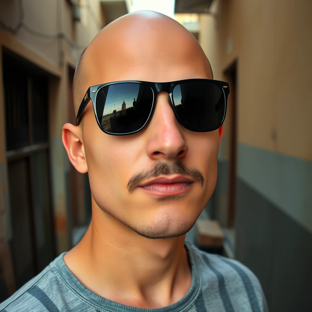 A young bald-headed man with a moustache wearing sunglasses in an alleyway. - Image