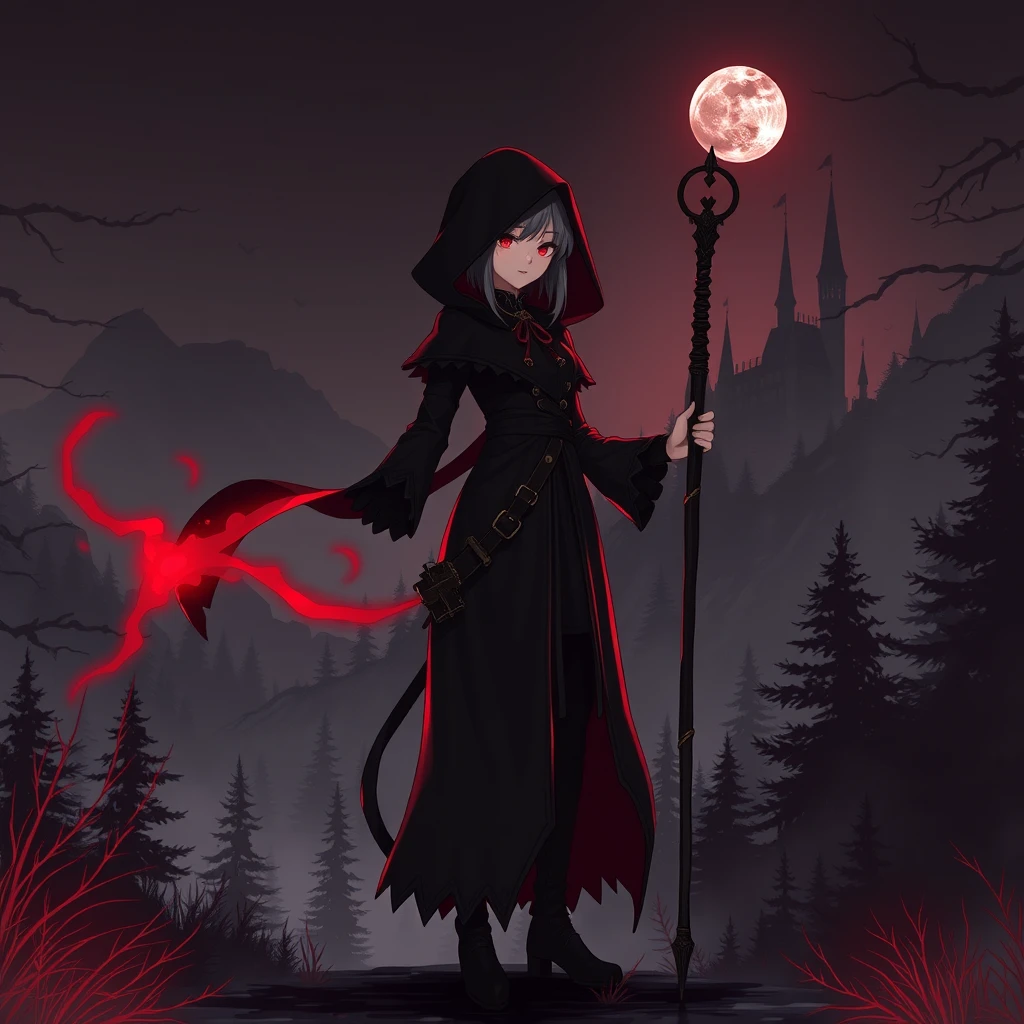 anime woman standing, holding magic staff, cowboy shot, wearing magician gown, black hood, dark forest, fog, red theme, monochrome, castle, night, moon