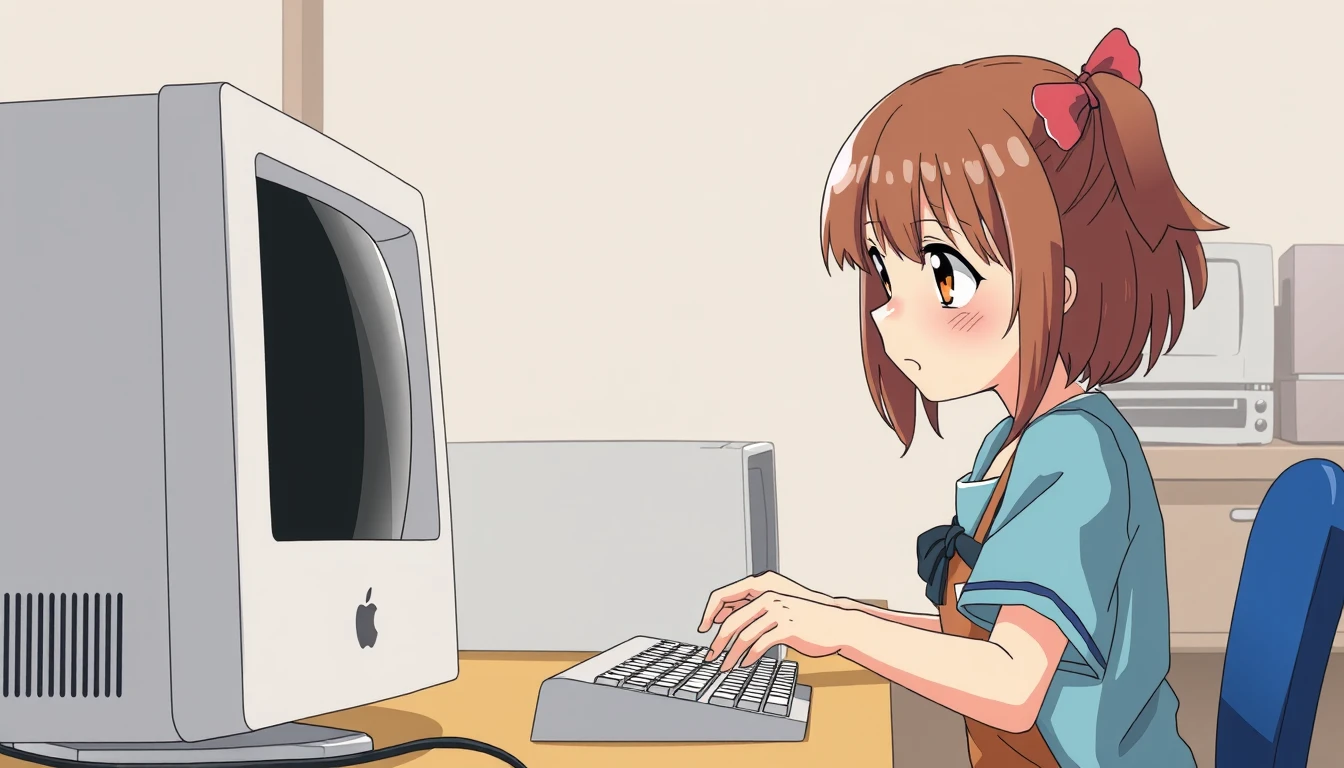 A young girl repairing an Apple computer in Japanese manga style. 16:9. - Image