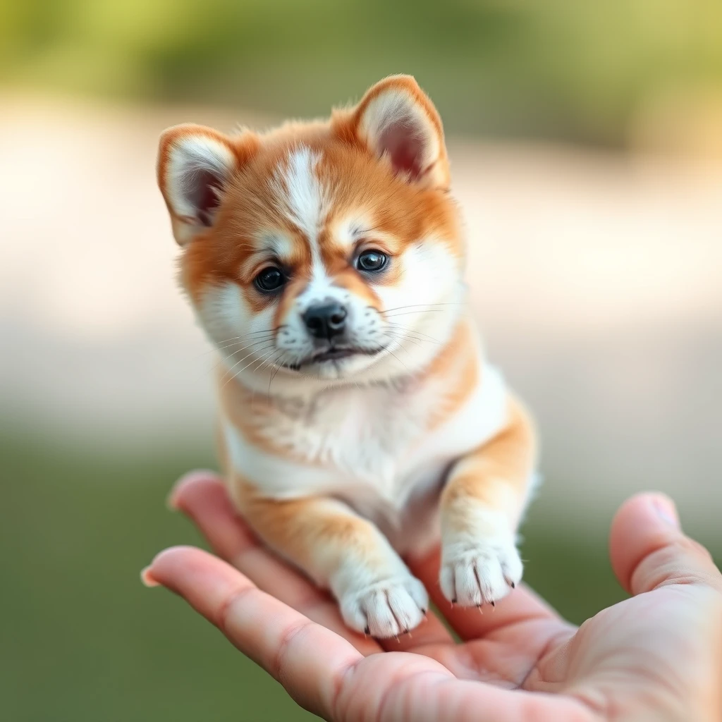 A very very very small tiny cute Akita dog on four in a hand. - Image