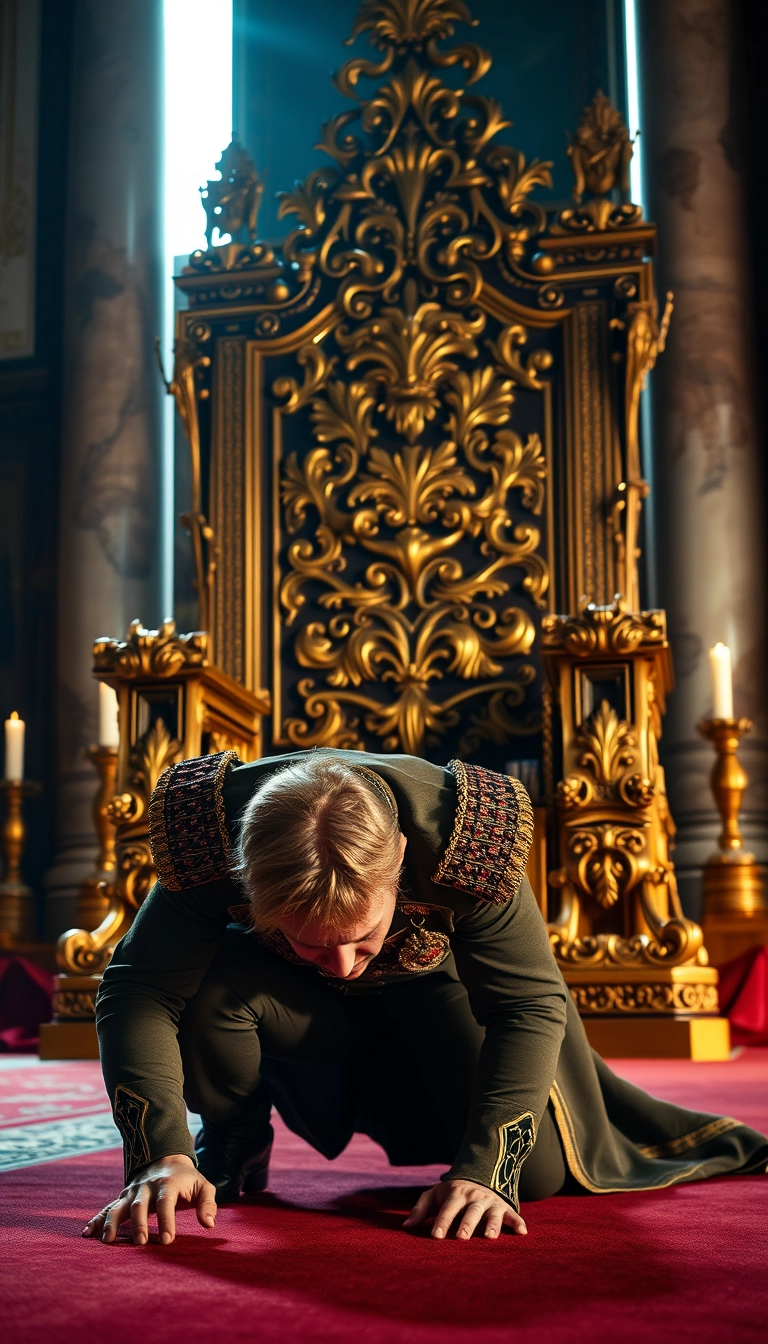 Main Character: A handsome and muscular blond British King with piercing blue eyes, dressed in a meticulously detailed British royal military uniform, is positioned on all fours, his head bowed low to the ground, trembling slightly. His posture conveys a sense of defeat and desperation.

Background: A colossal golden throne, intricately carved with ornate details and shimmering under the soft glow of candlelight, dominates the scene. The throne room is vast and opulent, with towering marble pillars and rich tapestries adorning the walls. A sense of history and power permeates the atmosphere.

Visual Style: The scene should be captured in a professional, cinematic style, reminiscent of historical dramas like "The King's Speech" or "The Crown". The lighting should be dramatic and moody, casting long shadows that emphasize the King's vulnerability and the imposing presence of the throne. The color palette should be rich and regal, with deep reds, golds, and blues dominating the scene. The overall composition should create a sense of tension and drama, highlighting the King's internal struggle and the weight of his responsibilities. The image should be sharp and detailed, showcasing the textures of the King's uniform, the intricate carvings on the throne, and the opulent surroundings. - Image