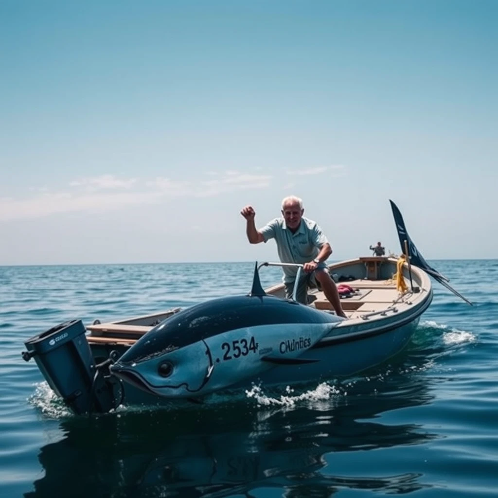 Old man in 8-foot boat being dragged by 3-meter long tuna.