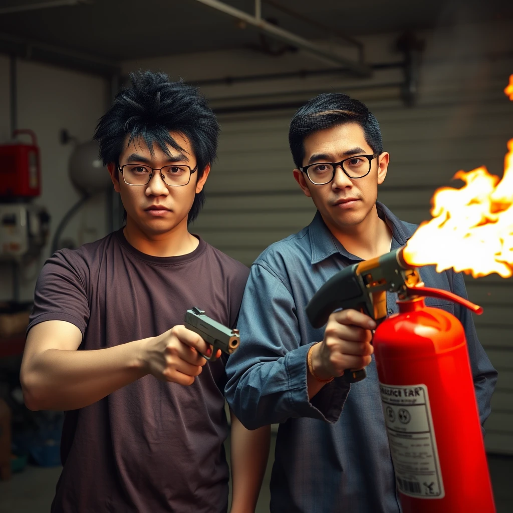 21-year-old white Chinese man with square glasses, long black fringe mullet, holding a pistol; 21-year-old white Italian man with round prescription glasses and short hair holding a very large fire extinguisher flamethrower, garage setting, both angry.