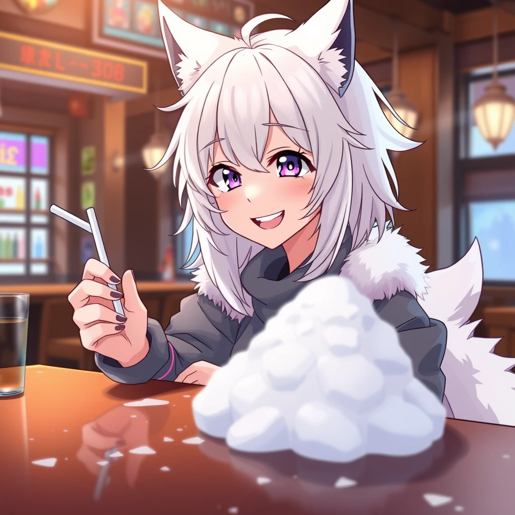 An anime woman with fluffy wolf ears and a fluffy tail, having messy medium-length white hair and purple eyes, is sitting at a table in a bar. On the table is a small mountain of snow. The girl is looking at the snow with a big, crazy smile and holding a straw in her right hand. - Image