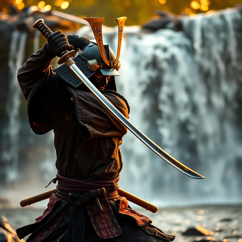 An aggressive samurai swinging his katana, at a waterfall, bokeh, foreground blur, golden hour, intricate detail. - Image