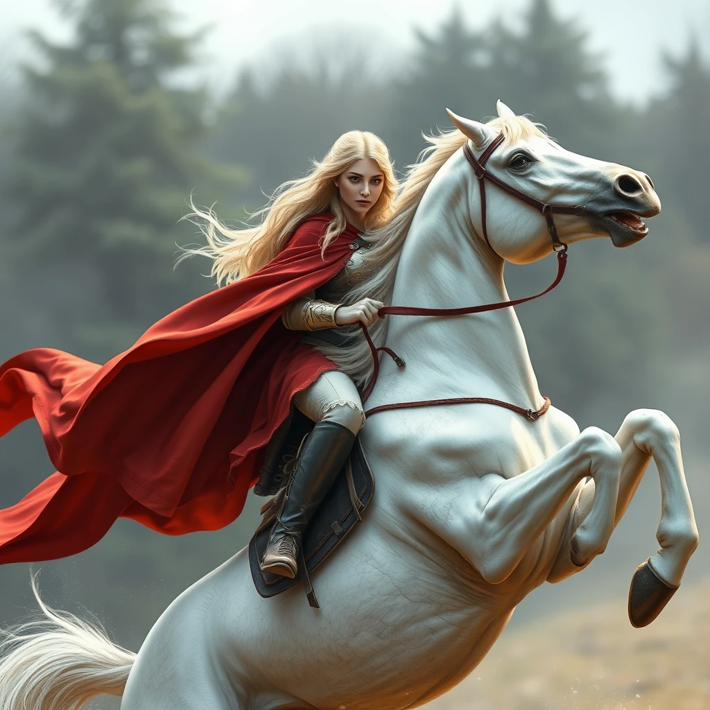 Photo realistic: Blonde fantasy heroine with a red cloak on a rearing white horse.