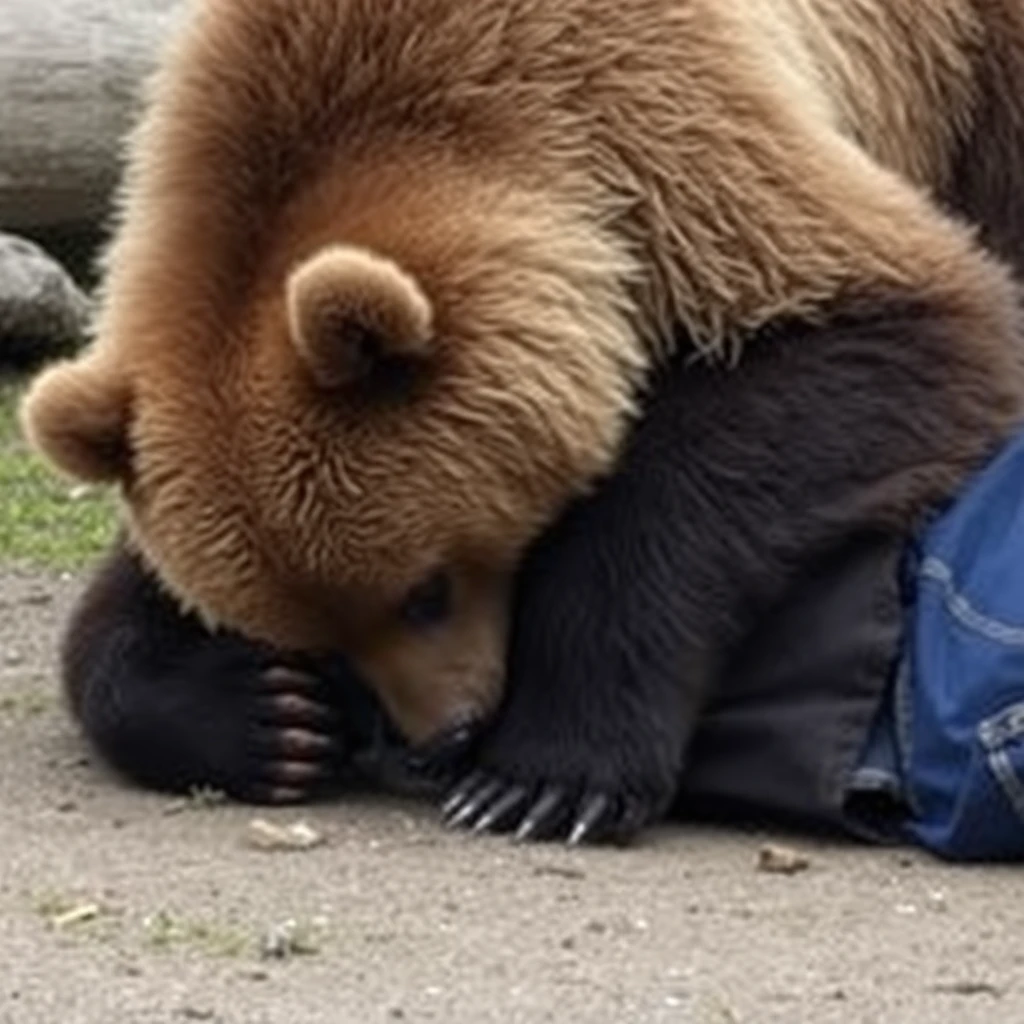 "A bear is pressing down on a person, hugging them while the person lies on the ground."