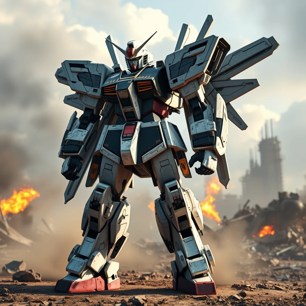 hype realistic gundam mech standing in a dystopia battlefield, realistic reflections, battle damage on the gundam, smoldering ruins - Image