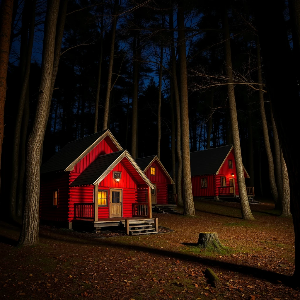 Wooden evil red houses in the natural forest at night. - Image