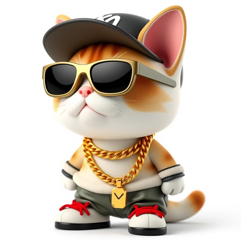 A cat figurine, 3D style, depicted in a cute Japanese chibi (two-head) style, wearing hip-hop style clothing such as oversized sunglasses, a gold chain, baggy pants, and a hat. The visual style is a realistic photo, in 8K ultra-high resolution, with a white background.