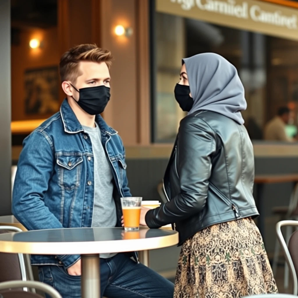 Jamie Dornan’s head and body shot, handsome, black face mask, blue denim jacket, jeans, dating with a Muslim girl in a grey hijab, beautiful eyes, black face mask, black leather jacket, largest patterned skirt, at a café, looking at each other, photorealistic. - Image