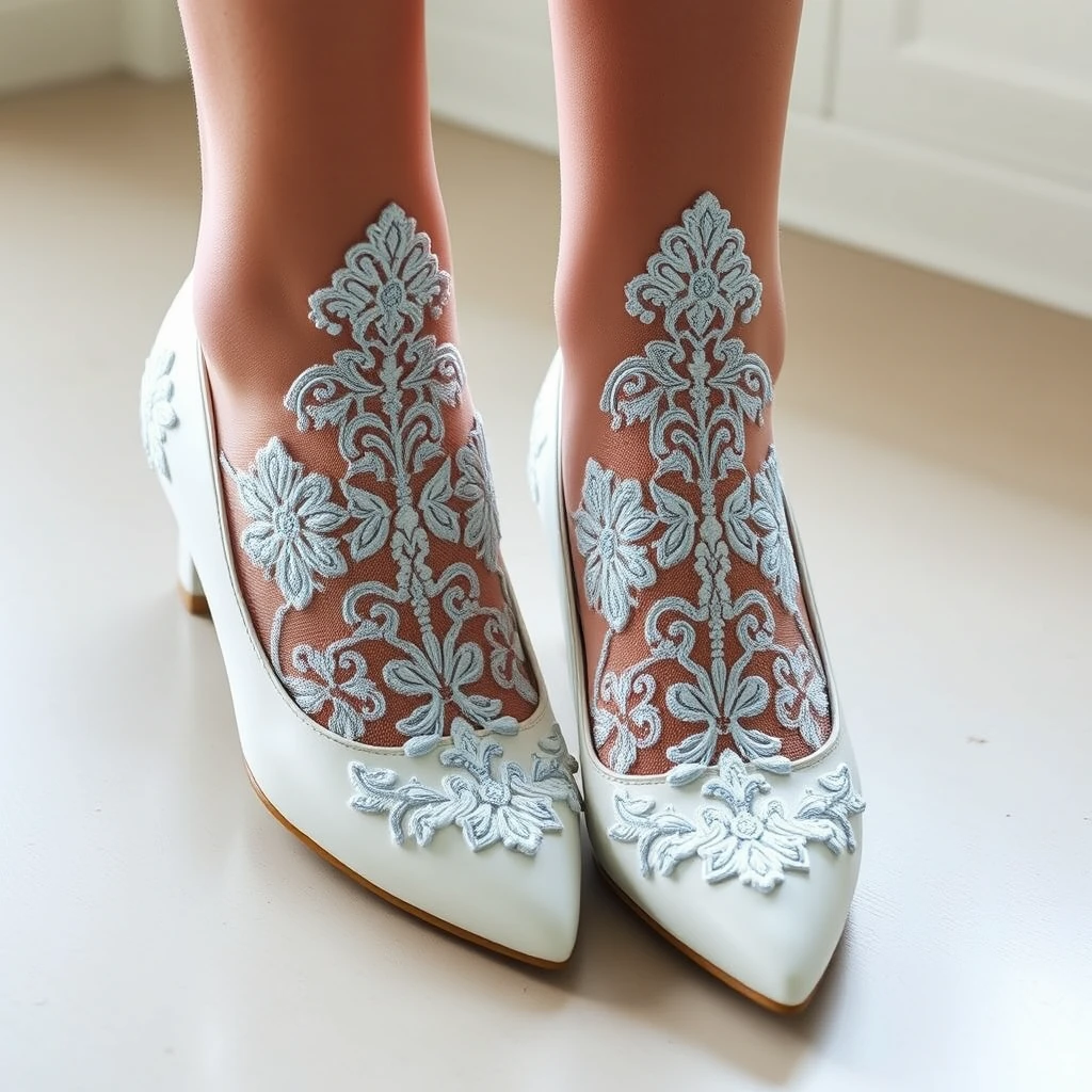 White flat pumps embroidered with a detailed light blue pattern made from see-through fabric, white laced thigh-highs, pussy. - Image