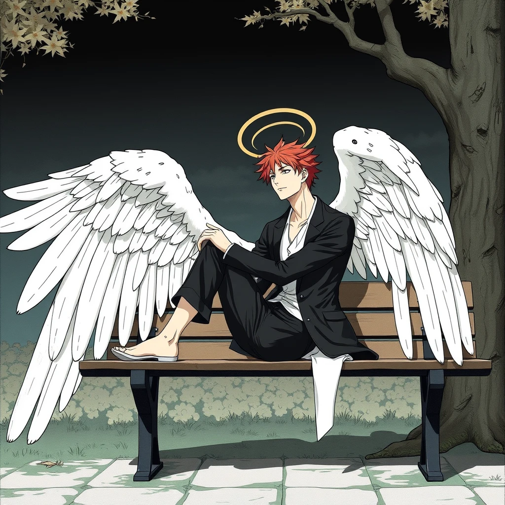 "Make Itadori Yuji from Jujutsu Kaisen in a position that references the painting The Fallen Angel by Alexandre Cabanel, while he is sitting on a bench. Do it in a manga version."