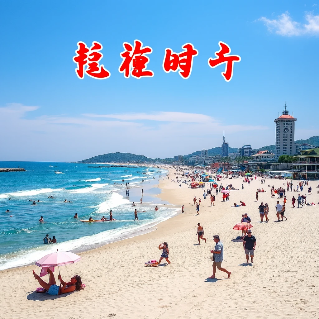 A bustling beach, with Chinese characters and Japanese language.