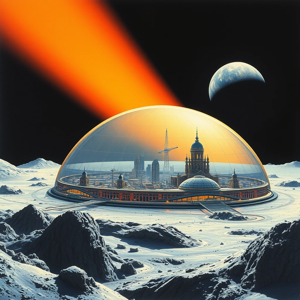 A futuristic city covered by a 90km diameter geodesic glass dome, on the moon, as painted by Syd Mead, shallow arc, Earth in the background.