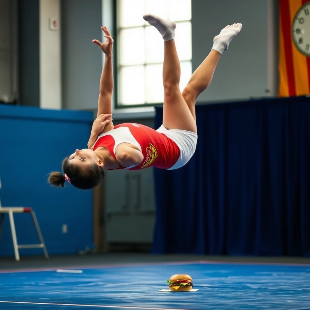 Gymnast doing a flip while eating hamburgers