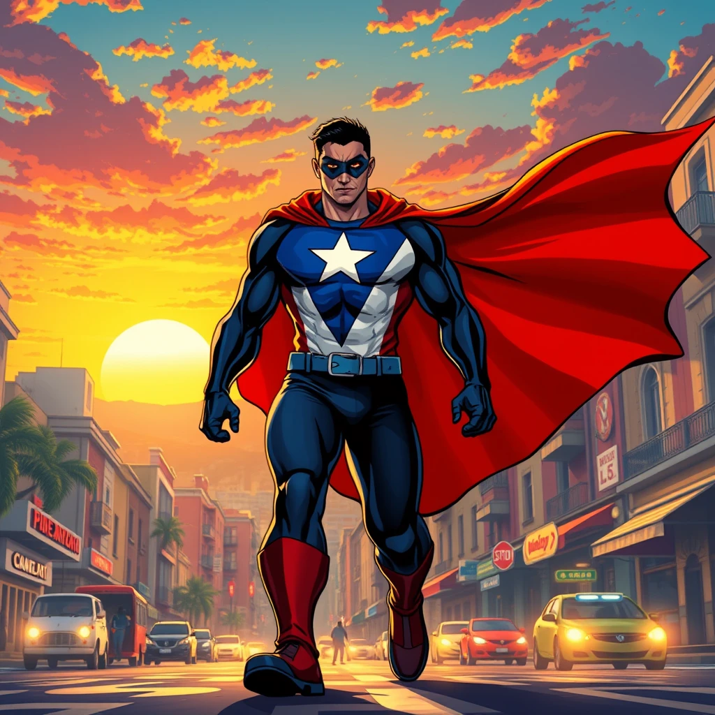 As the sun sets over the vibrant streets of Puerto Rico, your superhero strides confidently through the bustling city, the flag of Puerto Rico billowing behind them like a majestic cape. With their emblematic machete logo gleaming proudly on their chest, they pause, sensing trouble stirring in the heart of San Juan. Ready to defend their homeland, they embark on their next mission to protect the island and its people from any threat that dares to challenge its beauty and resilience, vibrant, art by David Levine. - Image